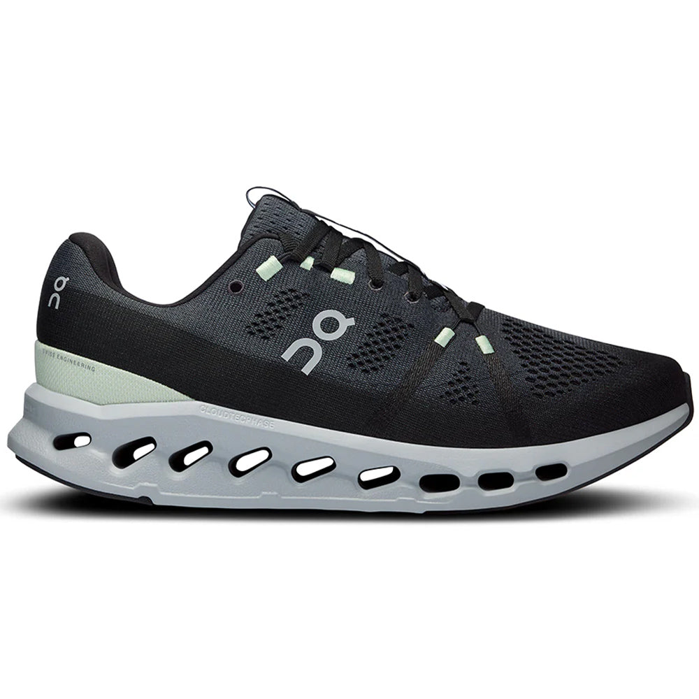 Side view on white background of Mens On Cloudsurfer running shoe in Iron/Glacier, Medium (Regular) width