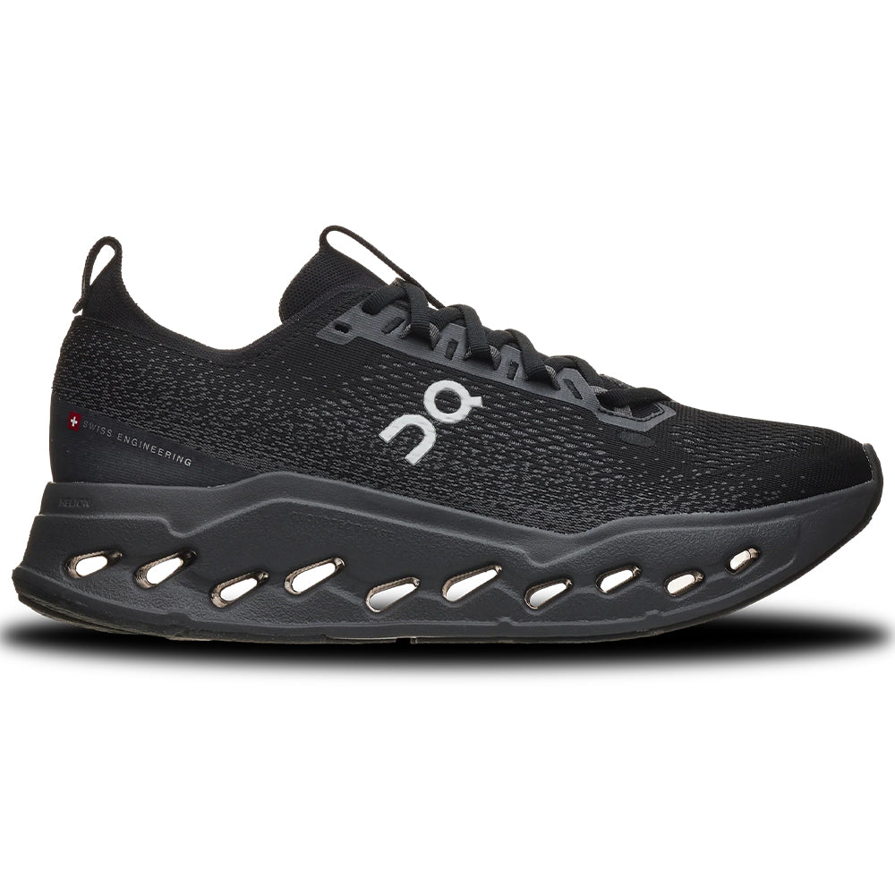 Side view on white background of Mens On Cloudsurfer running shoe in Black/Eclipse, Medium (Regular) width