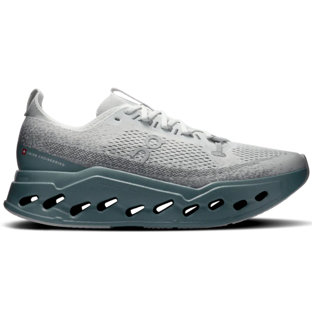 Side view on white background of Mens On Cloudsurfer running shoe in Iceberg/Olive, Medium (Regular) width