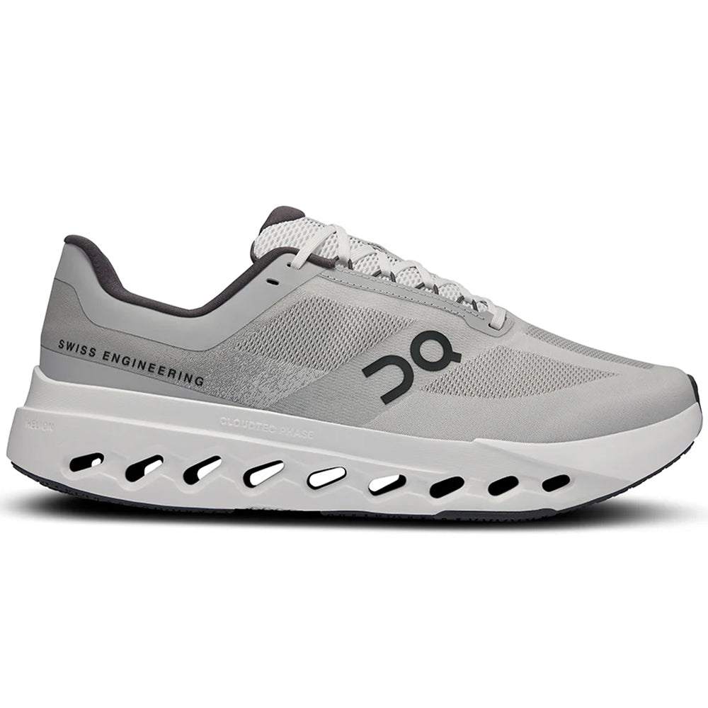 Side view on white background of Mens On Cloudsurfer running shoe in Glacier/White, Wide width