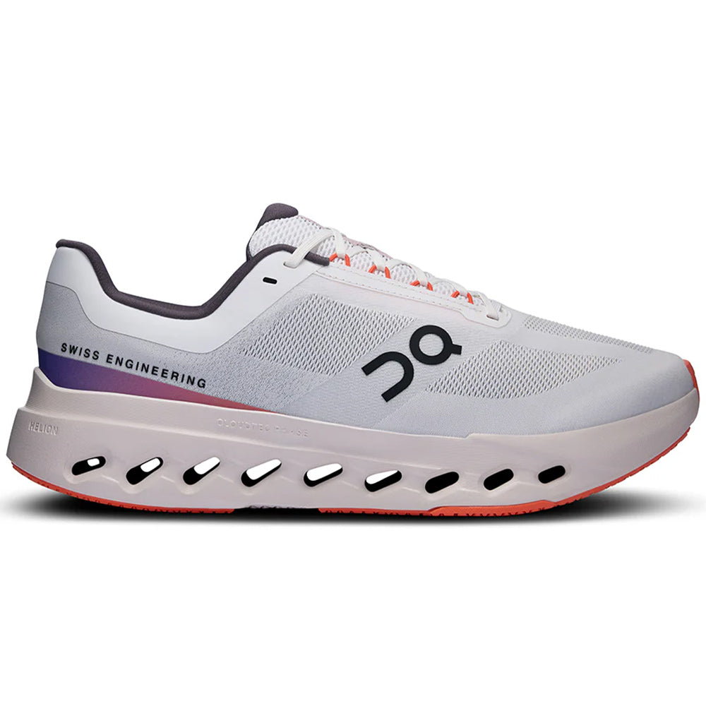 Side view on white background of Mens On Cloudsurfer Next running shoe in White/Flame, Wide width