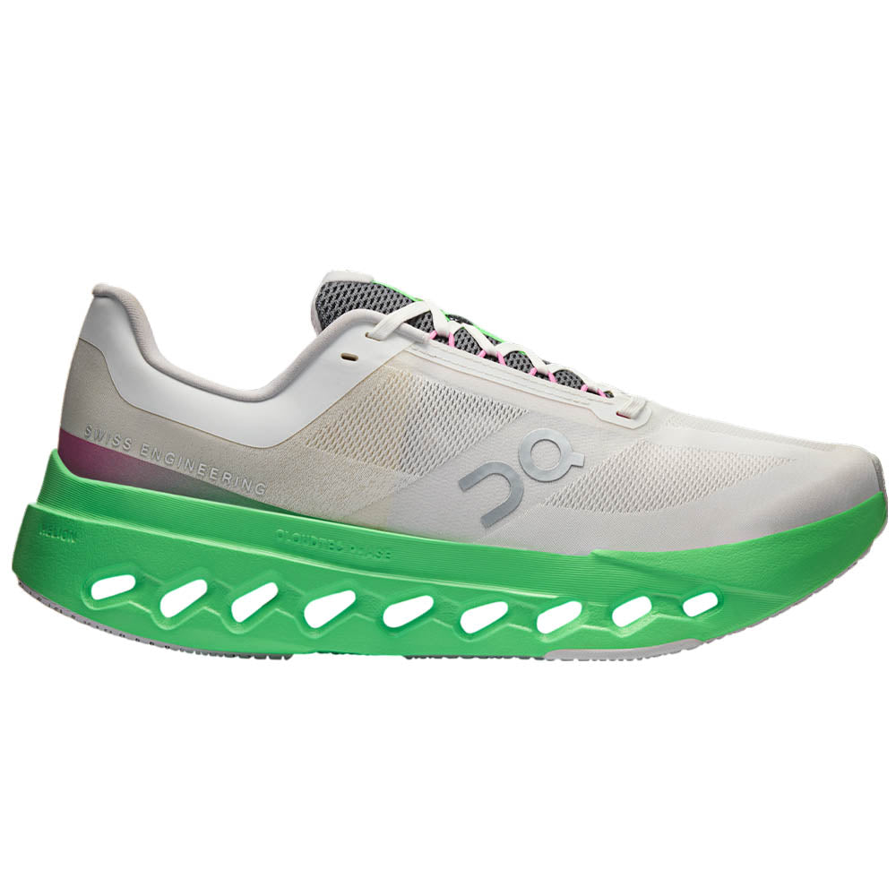 Side view on white background of Mens On Cloudsurfer running shoe in Wolf/Honeydew, Medium (Regular) width