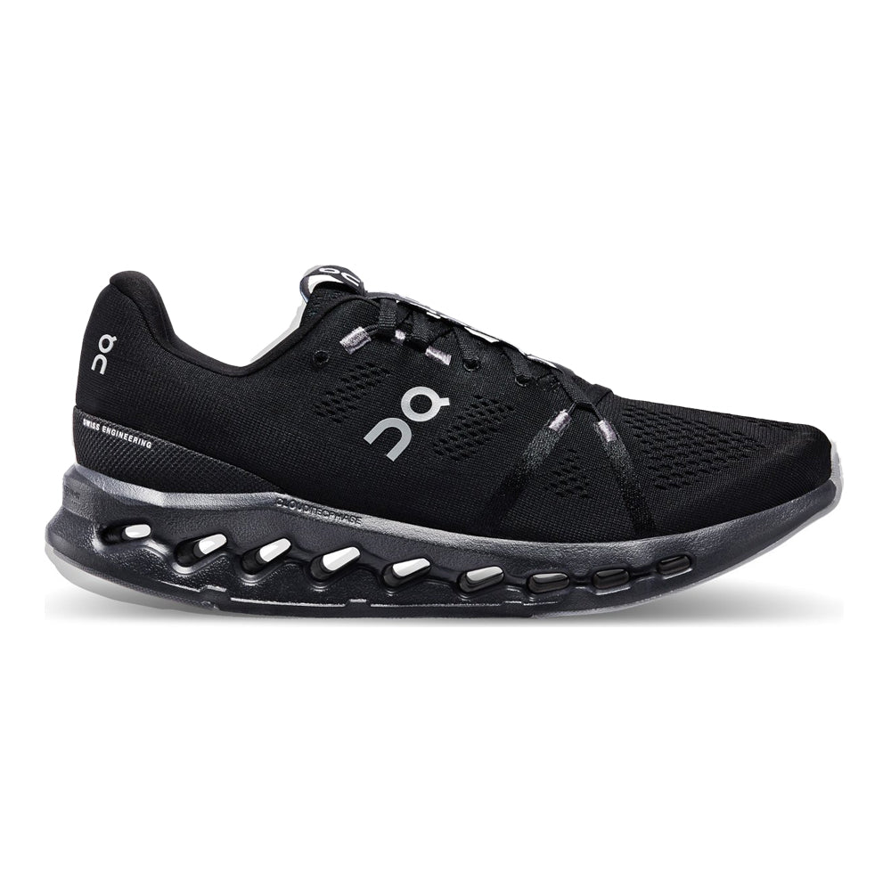 Side view on white background of Mens On Cloudsurfer running shoe in All Black, Medium (Regular) width