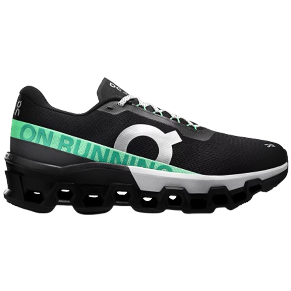 Side view on white background of Mens On Cloudmonster running shoe in Black/Glacier, Medium (Regular) width
