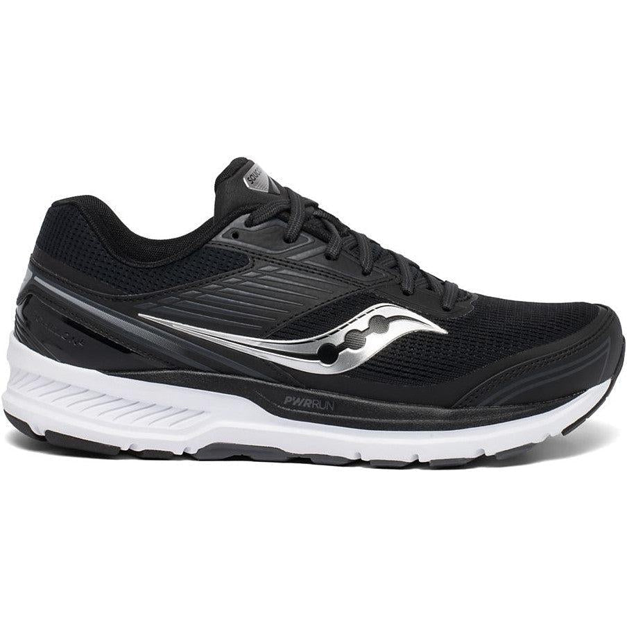 Side view on white background of Mens Saucony Echelon running shoe in Black/White, Wide width