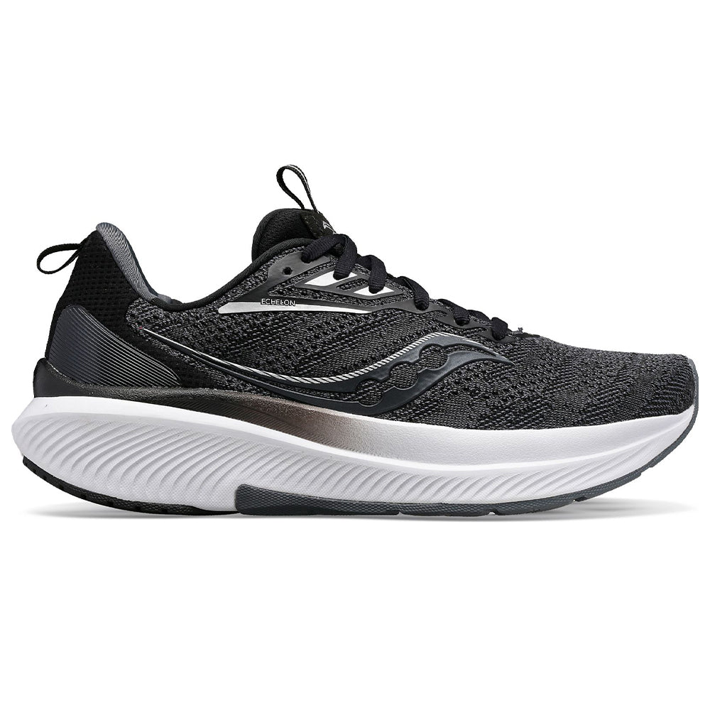 Side view on white background of Mens Saucony Echelon 9 running shoe in Black/White, Wide width