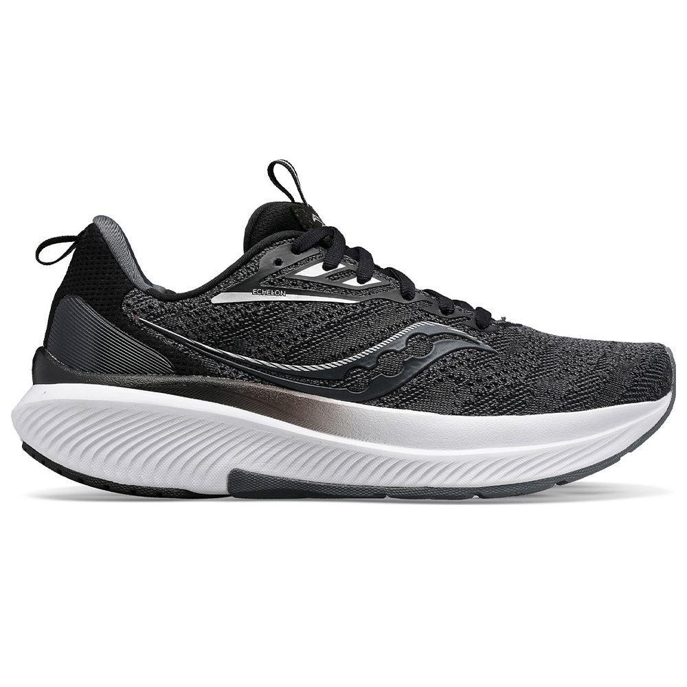 Side view on white background of Mens Saucony Echelon running shoe in Black/White, Wide width