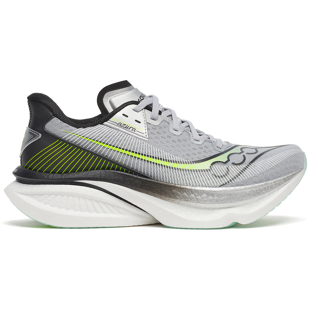 Side view on white background of Mens Saucony Endorphin Azura running shoe in Silver/Black, Medium (Regular) width
