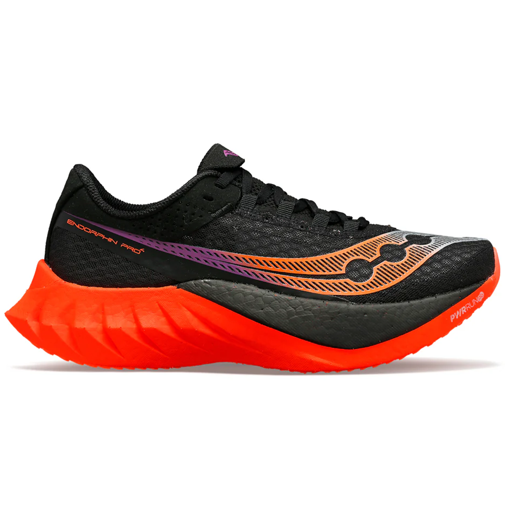 Side view on white background of Mens Saucony Endorphin Pro running shoe in Black/Vizired, Medium (Regular) width