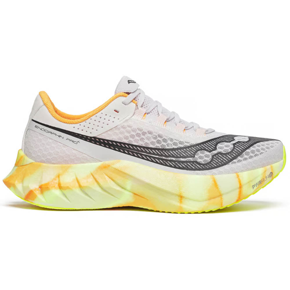 Side view on white background of Mens Saucony Endorphin Pro running shoe in Fog/Peel, Medium (Regular) width
