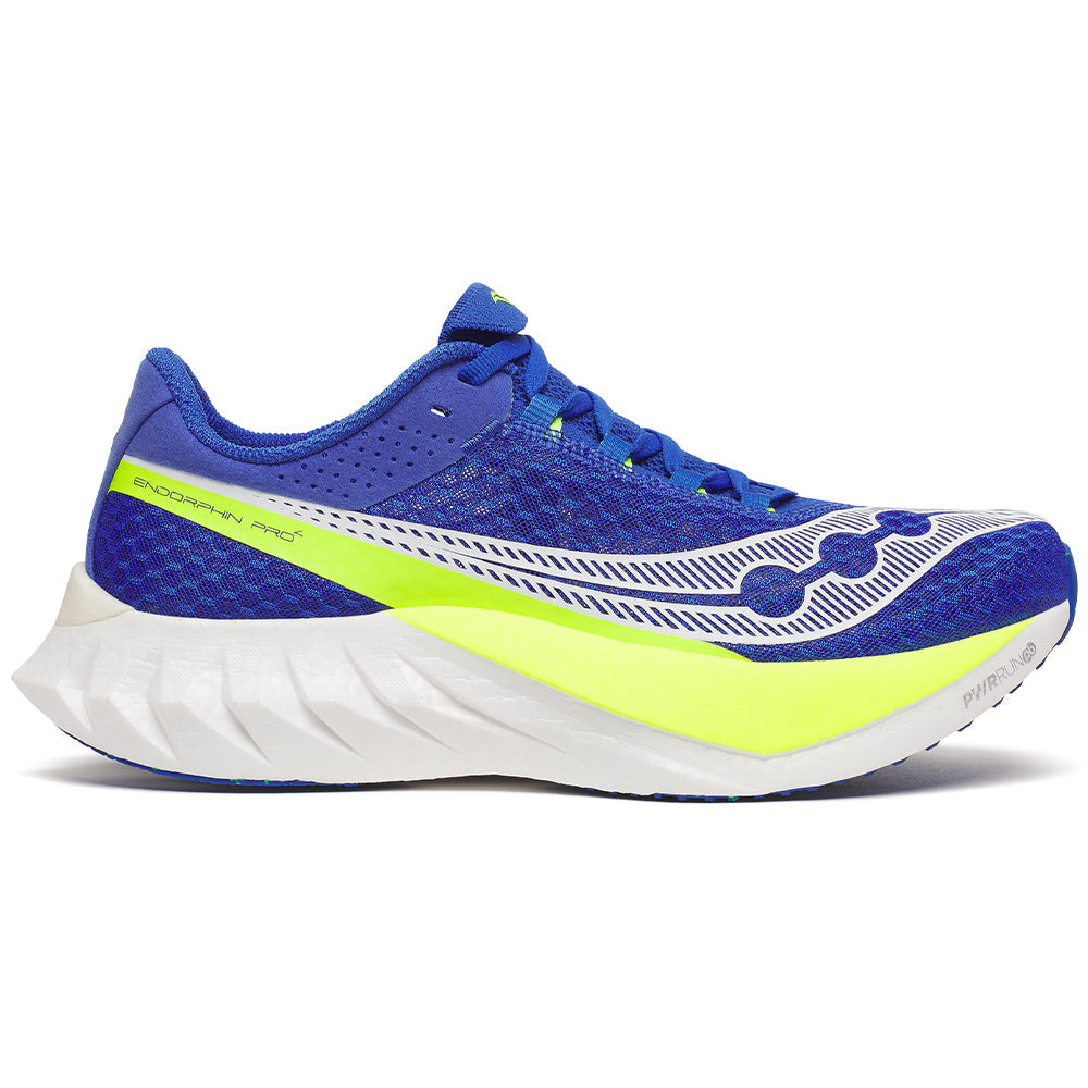 Side view on white background of Mens Saucony Endorphin Pro 4 running shoe in Lapis/Citron, Medium (Regular) width