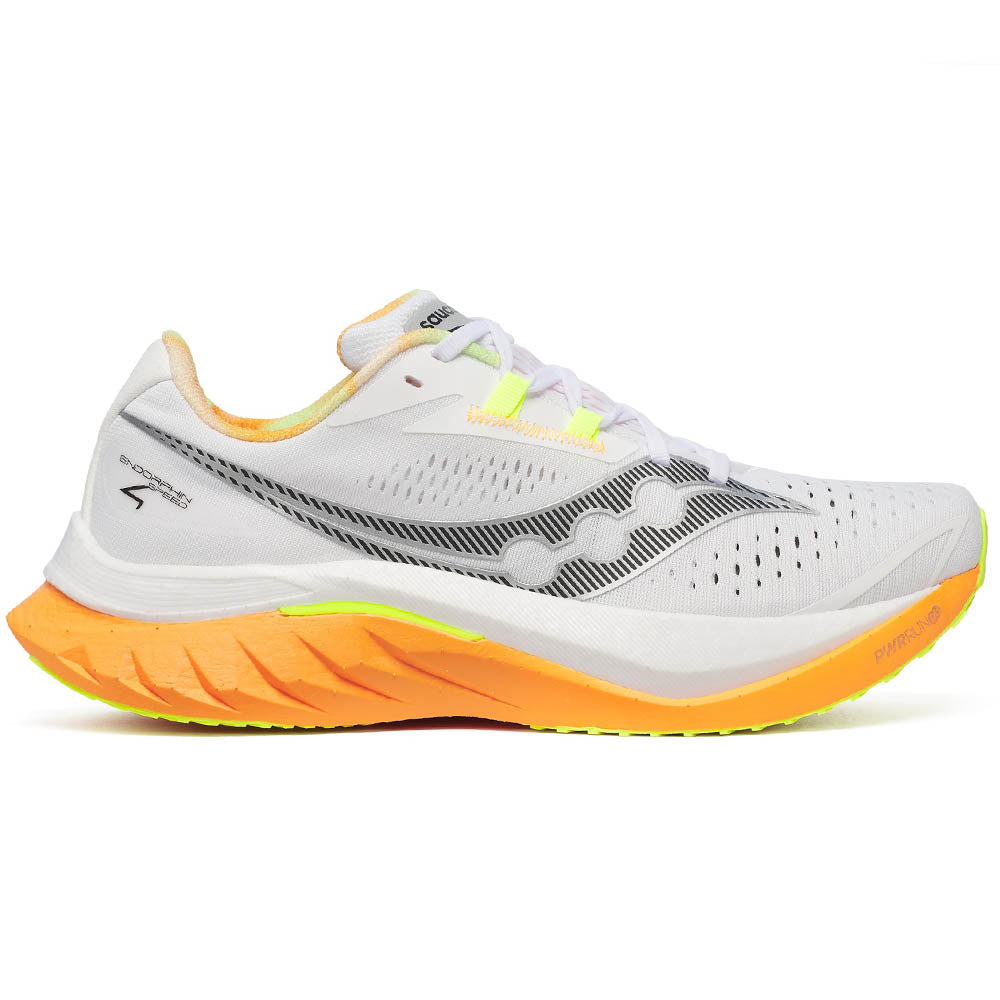 Side view on white background of Mens Saucony Endorphin Speed running shoe in White/Peel, Medium (Regular) width