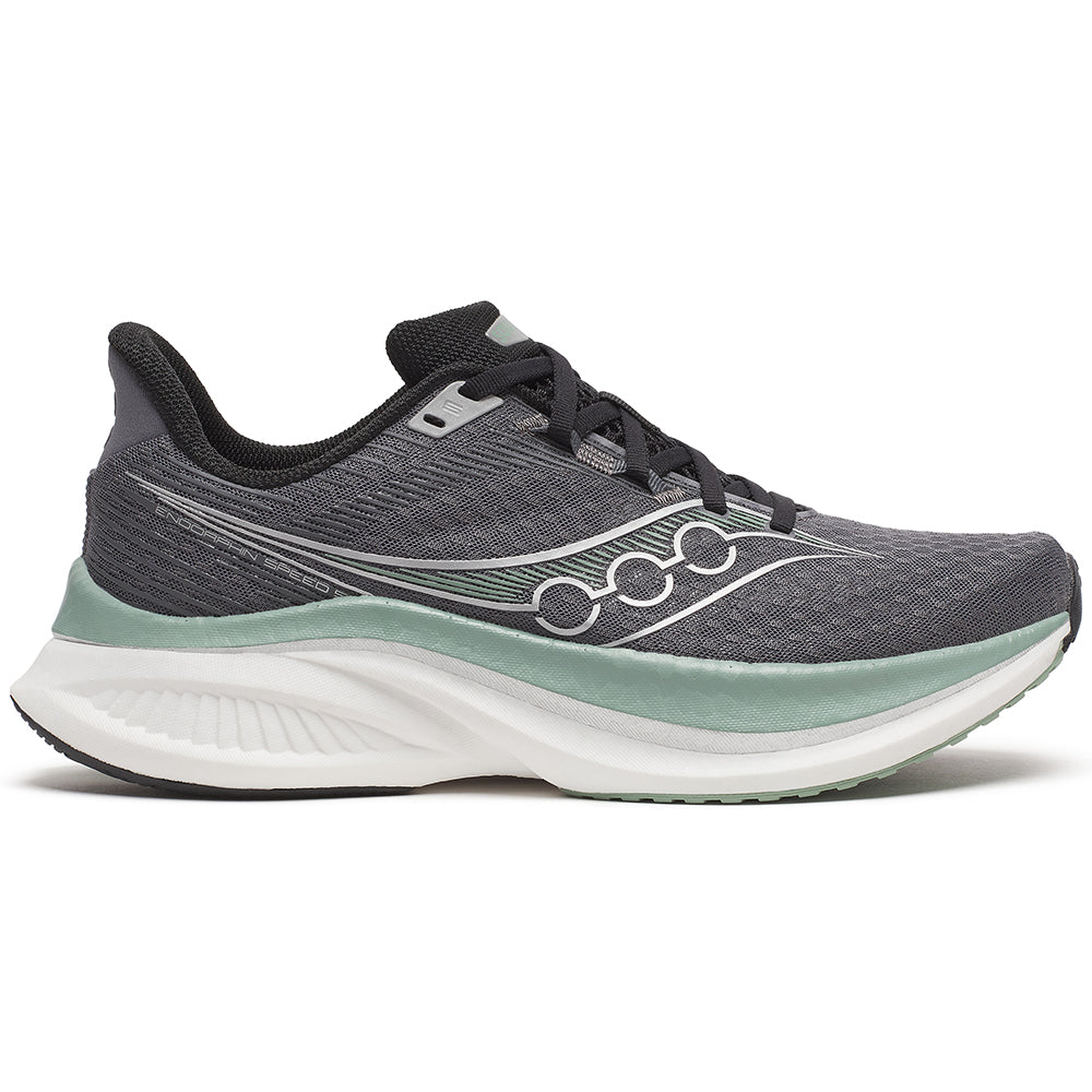 Side view on white background of Mens Saucony Endorphin running shoe in Carbon/Iceberg, Medium (Regular) width