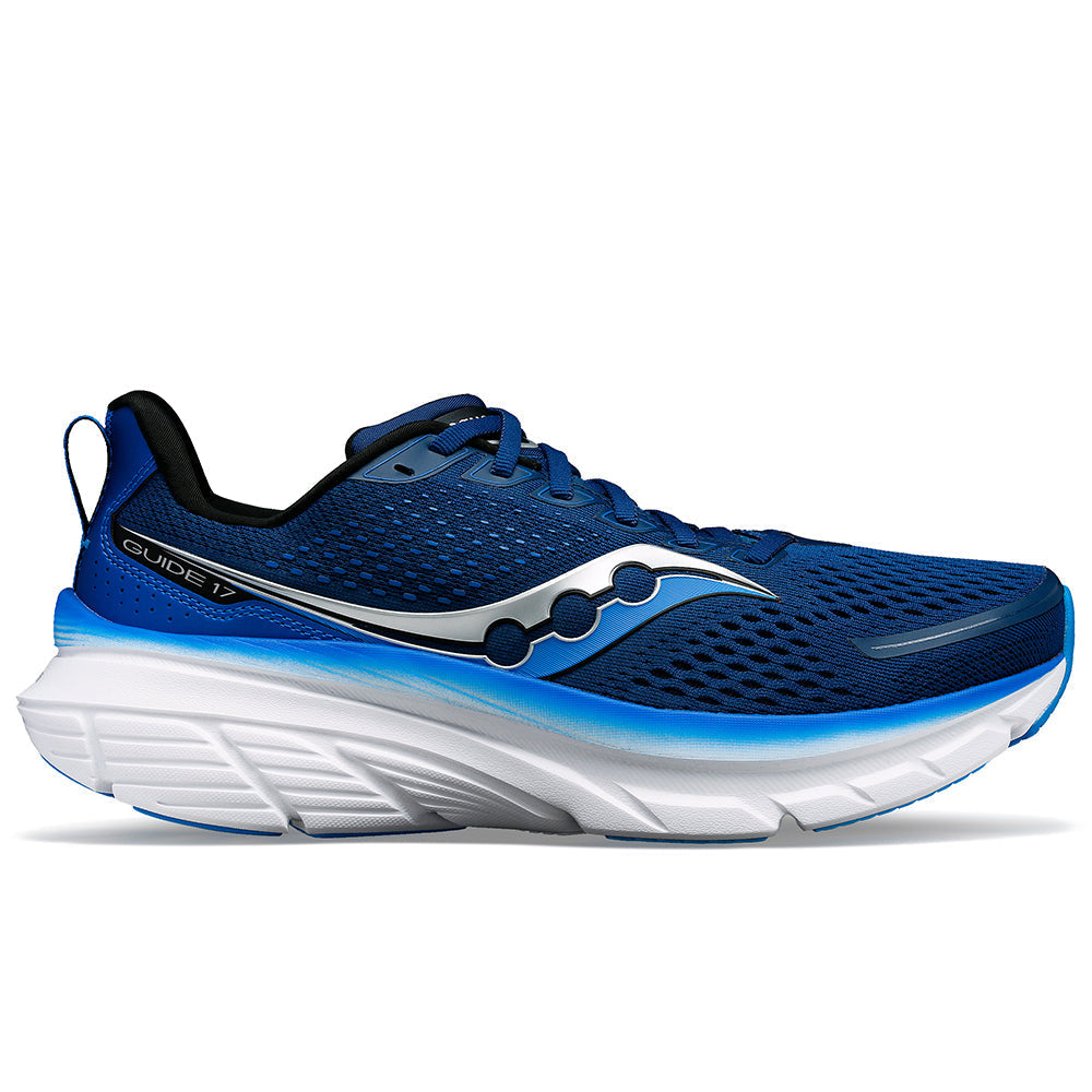 Side view on white background of Mens Saucony Guide 17 running shoe in Navy/Cobalt, Wide width