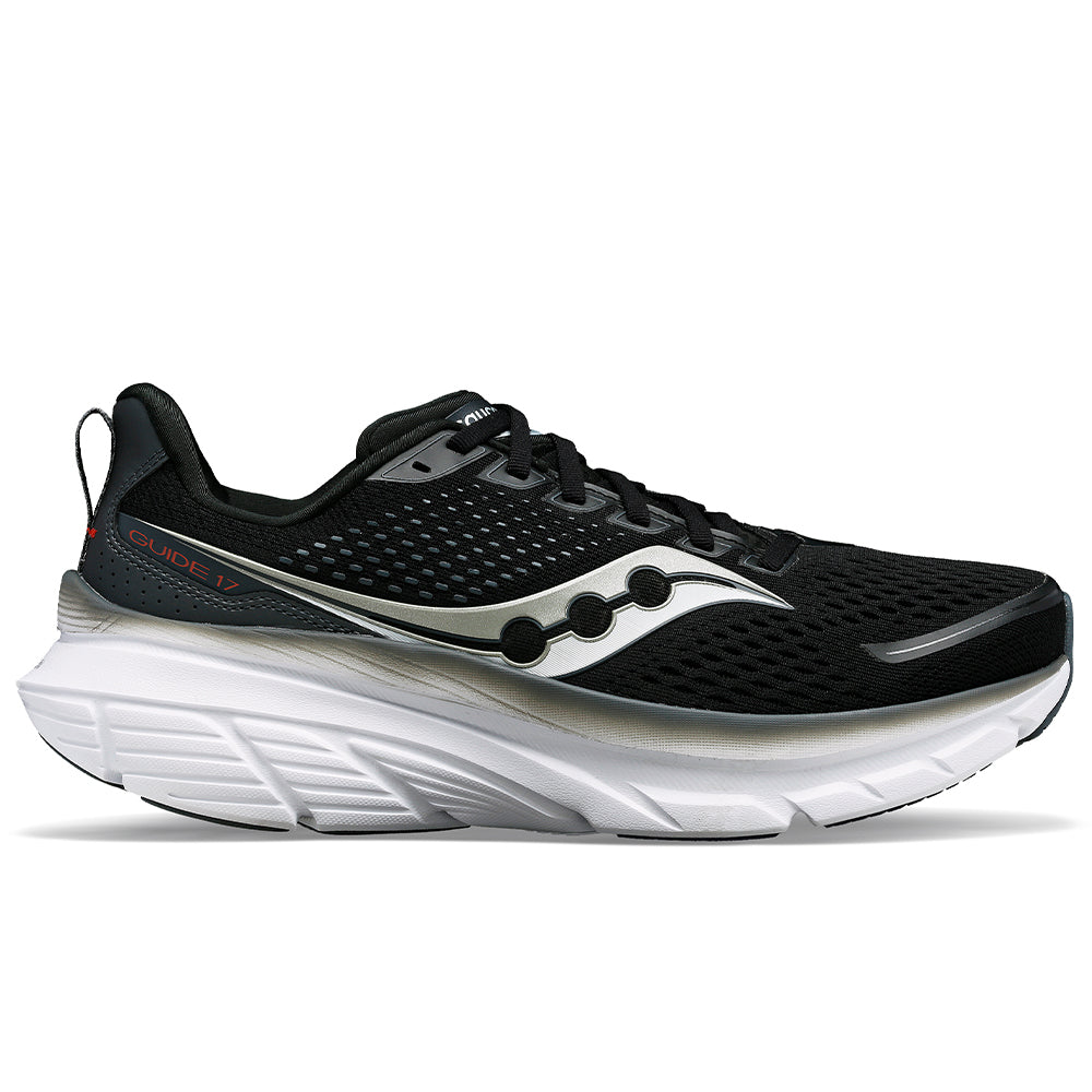 Side view on white background of Mens Saucony Guide running shoe in Black/Shadow, Medium (Regular) width