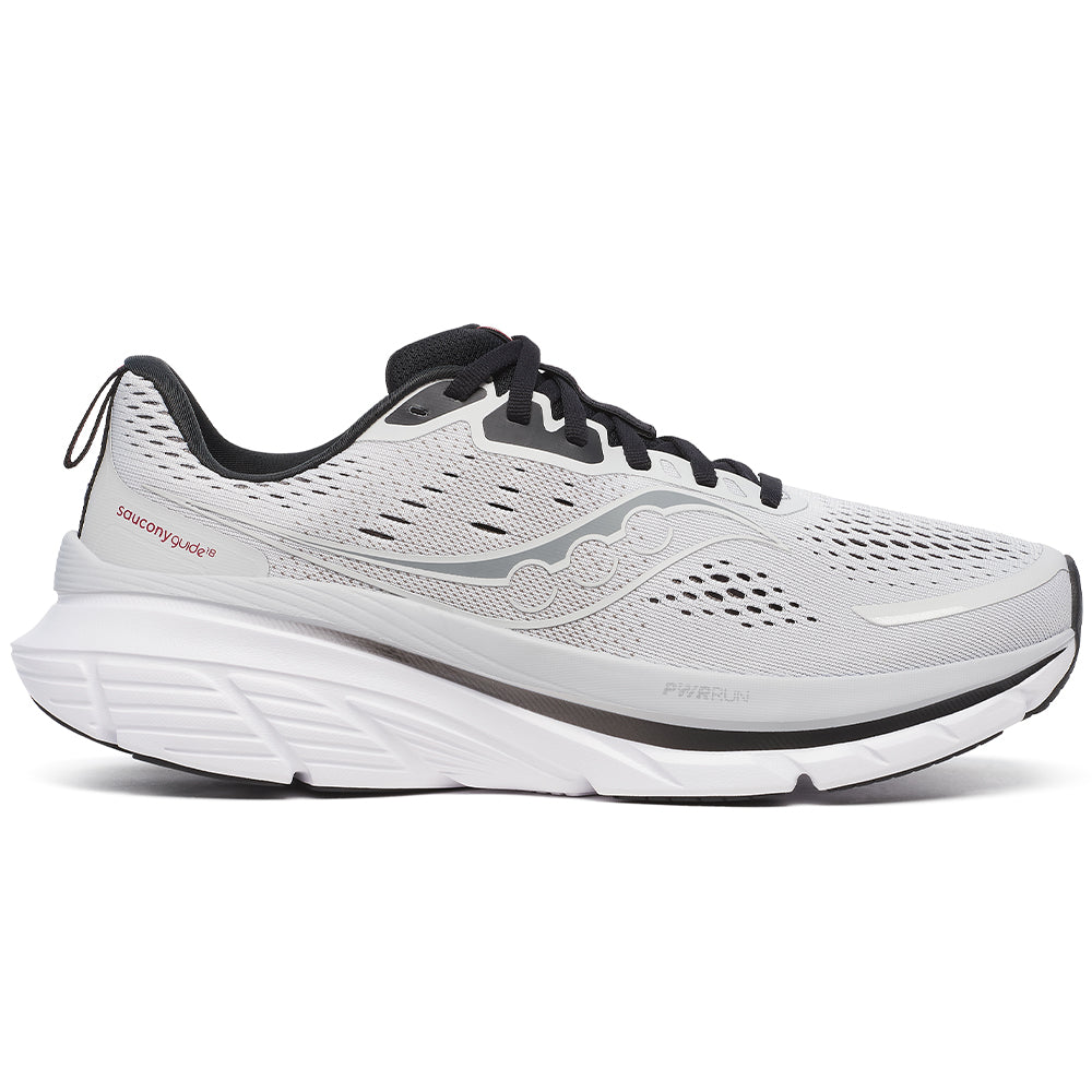 Side view on white background of Mens Saucony Guide running shoe in Cloud/Black, Medium (Regular) width