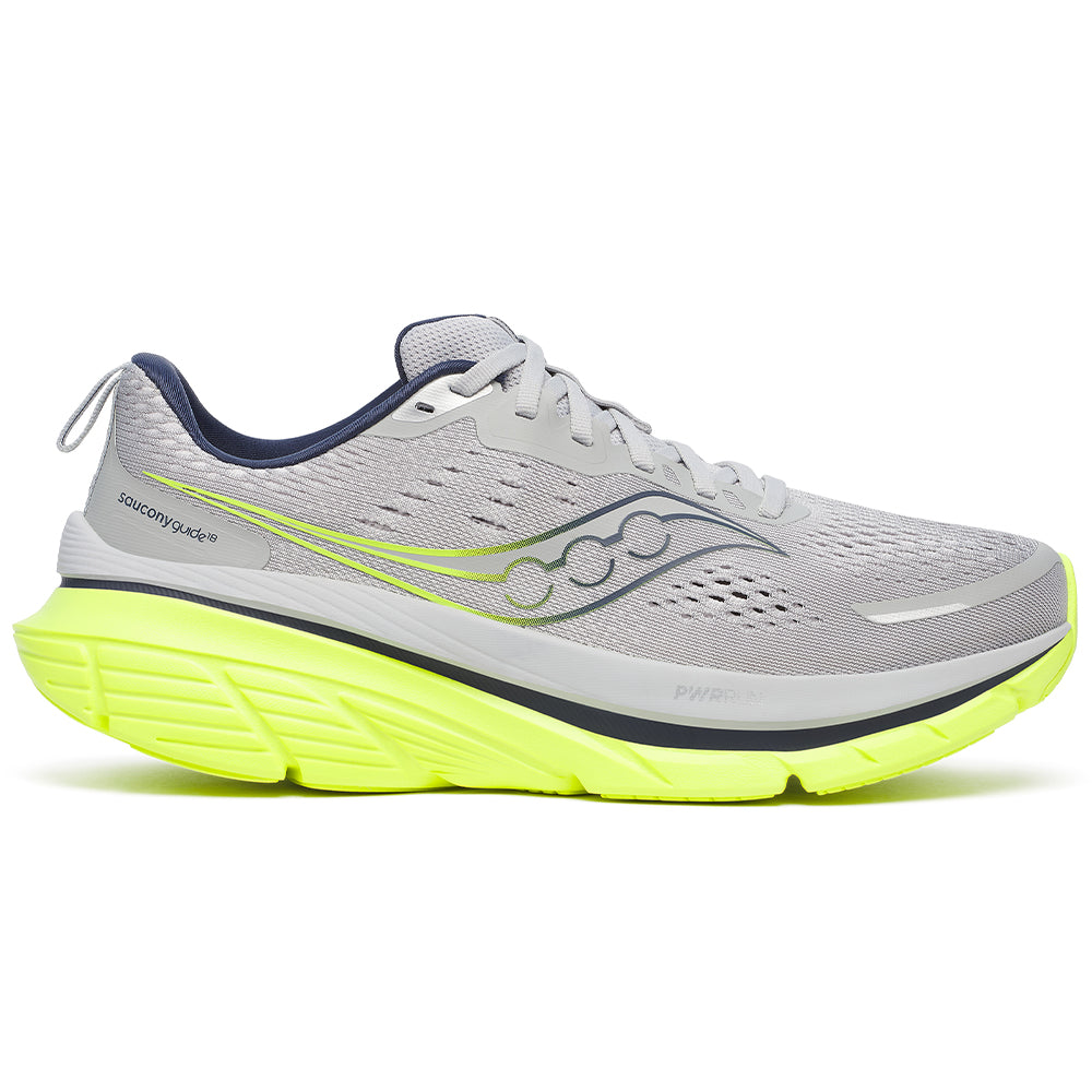 Side view on white background of Mens Saucony Guide running shoe in Cloud/Citron, Medium (Regular) width