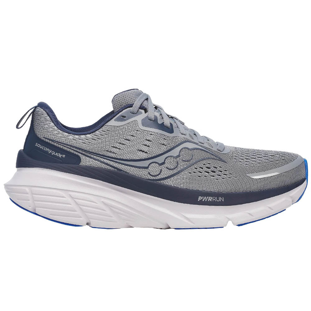 Side view on white background of Mens Saucony Guide 18 running shoe in Flint/Navy, Wide width