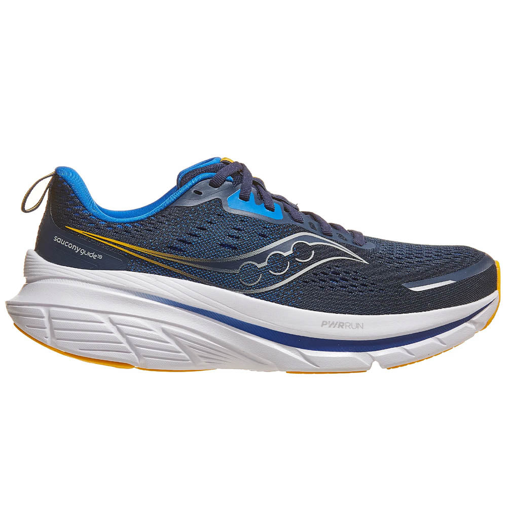 Side view on white background of Mens Saucony Guide running shoe in Navy/Skydiver, Medium (Regular) width