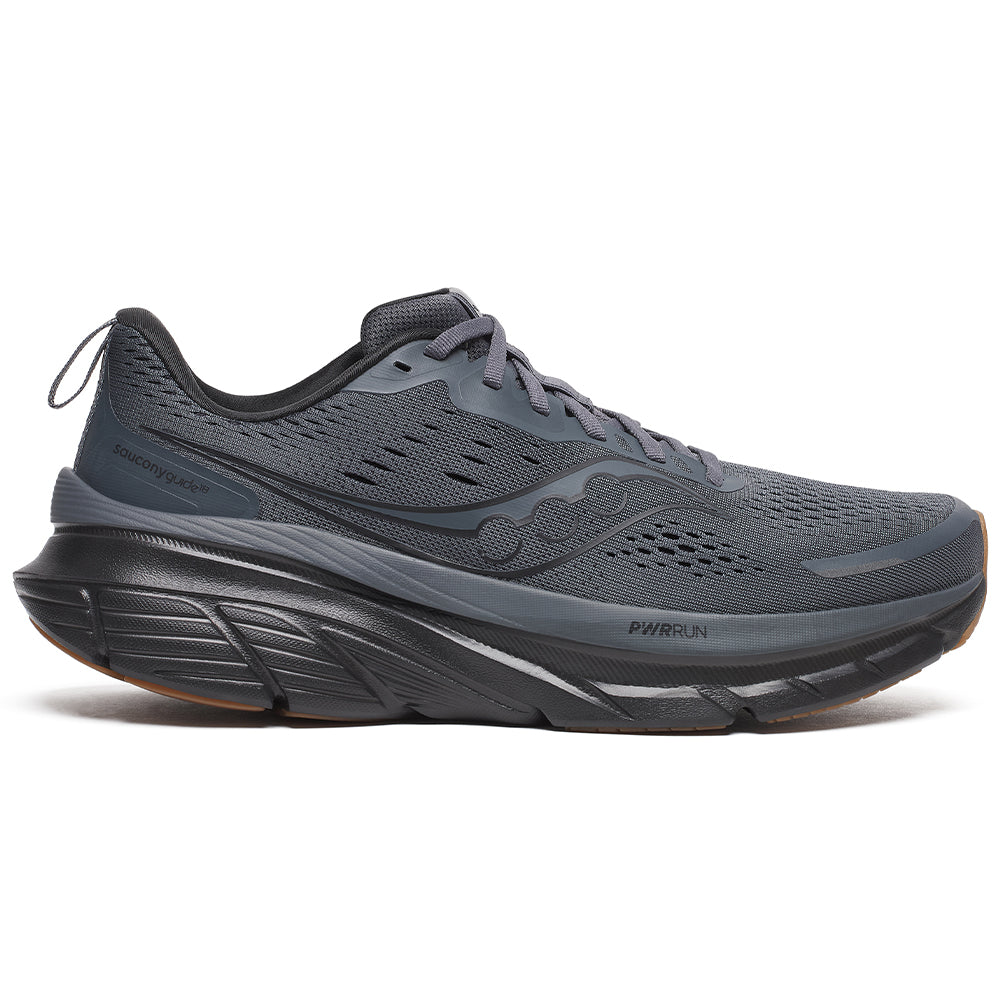 Side view on white background of Mens Saucony Guide 18 running shoe in Shadow/Gum, Medium (Regular) width