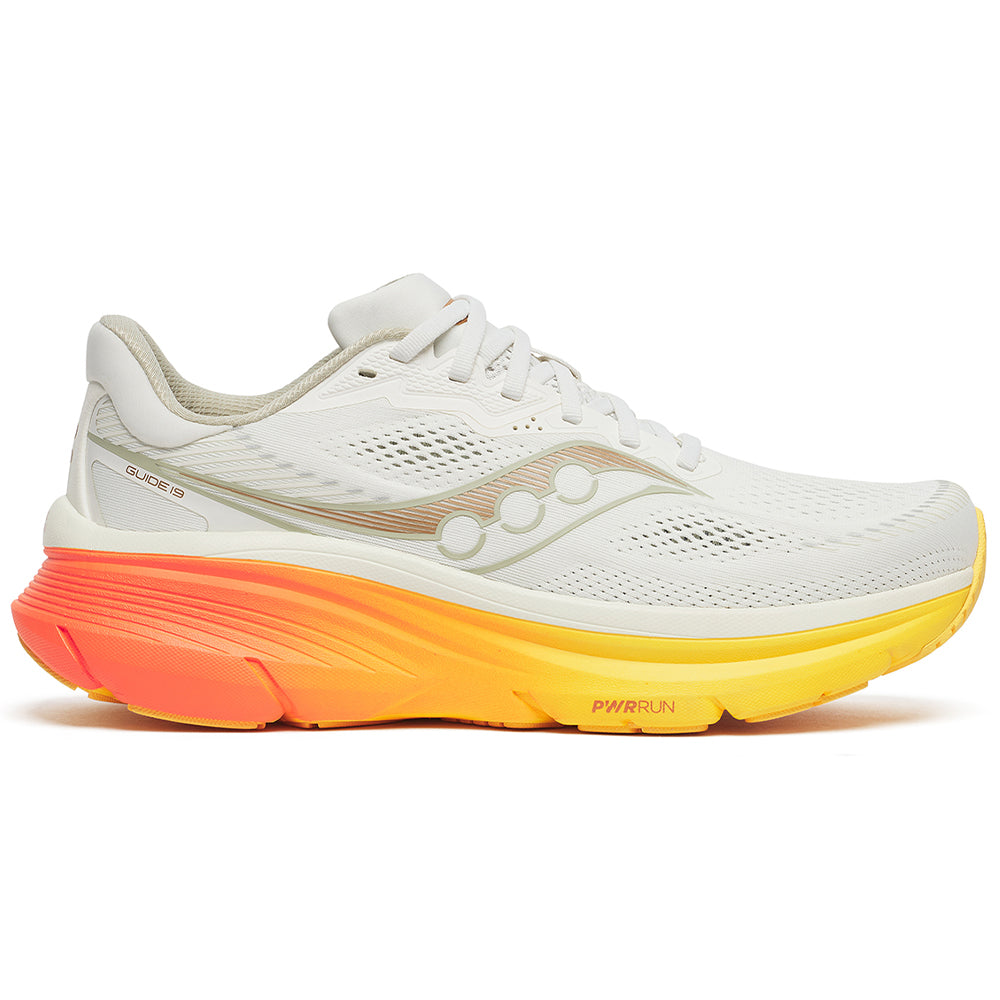 Side view on white background of Mens Saucony Guide running shoe in Ivory/Fire, Medium (Regular) width