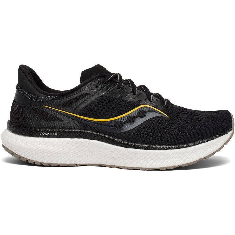 Side view on white background of Mens Saucony Hurricane running shoe in Black/Vizigold, Medium (Regular) width