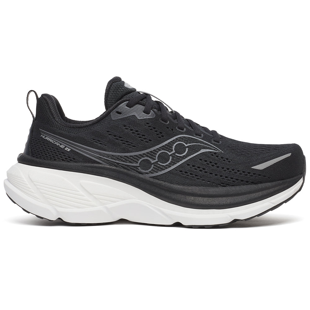 Side view on white background of Mens Saucony Hurricane running shoe in Black/White, Medium (Regular) width