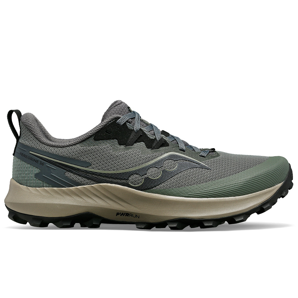 Side view on white background of Mens Saucony Peregrine running shoe in Bough/Shadow, Medium (Regular) width