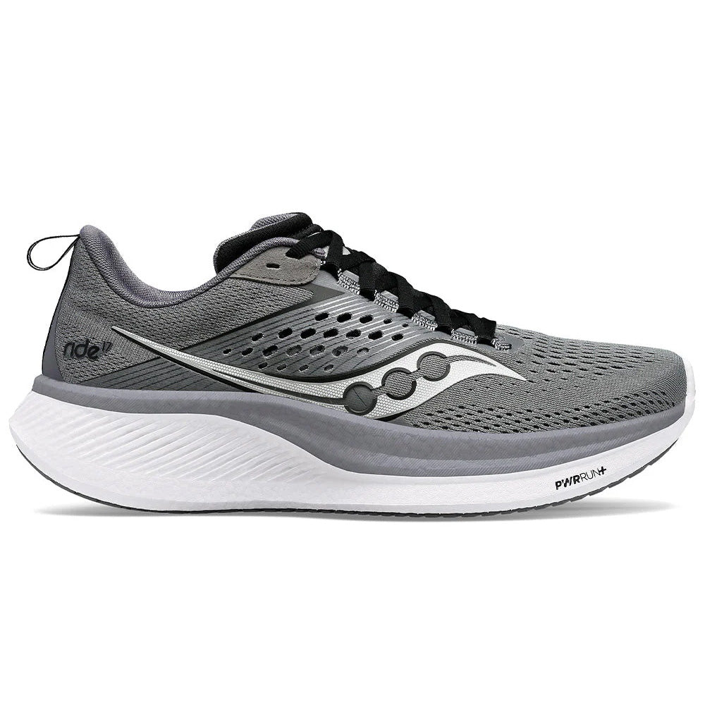 Side view on white background of Mens Saucony Ride running shoe in Cinder/Black, Medium (Regular) width