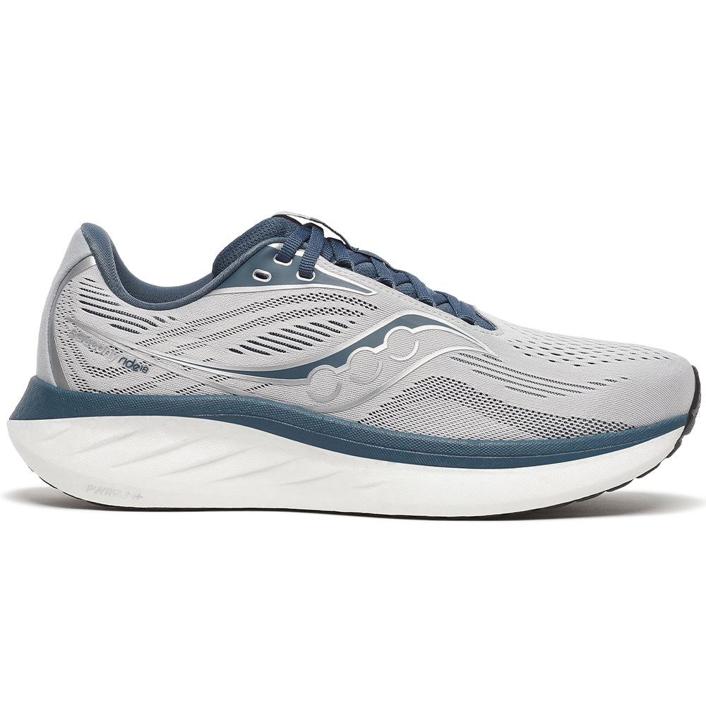 Side view on white background of Mens Saucony Ride running shoe in Cloud/Dusk, Wide width