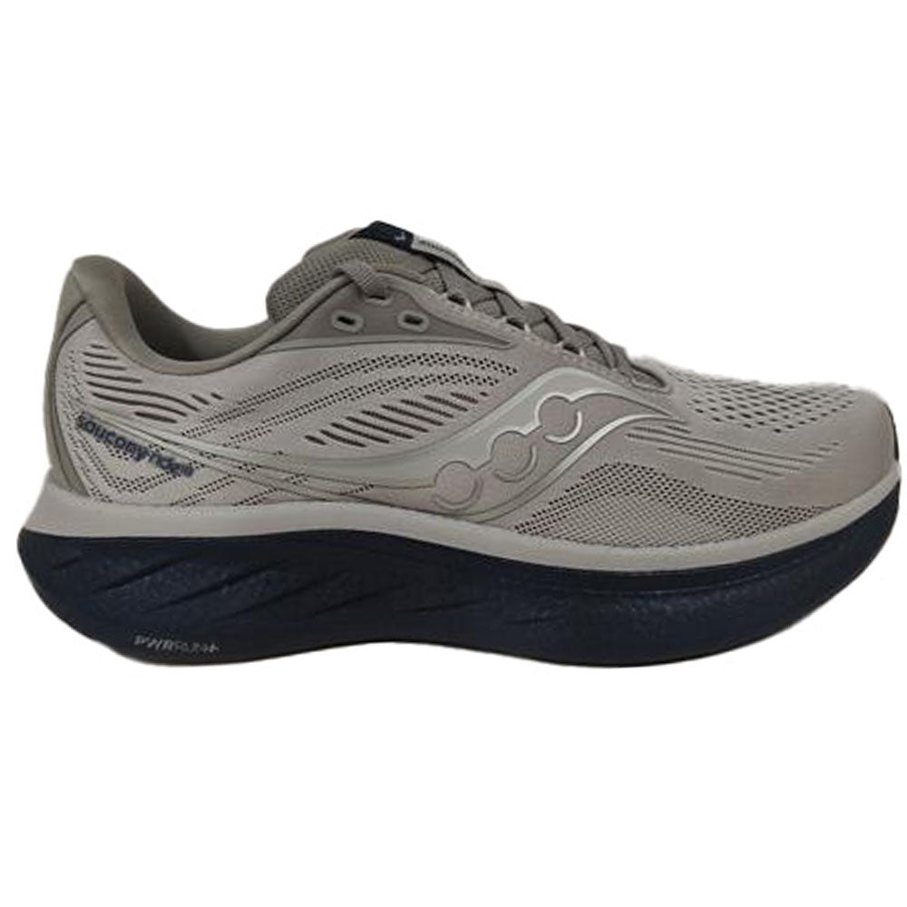 Side view on white background of Mens Saucony Ride 18 running shoe in Dove/Navy, Wide width