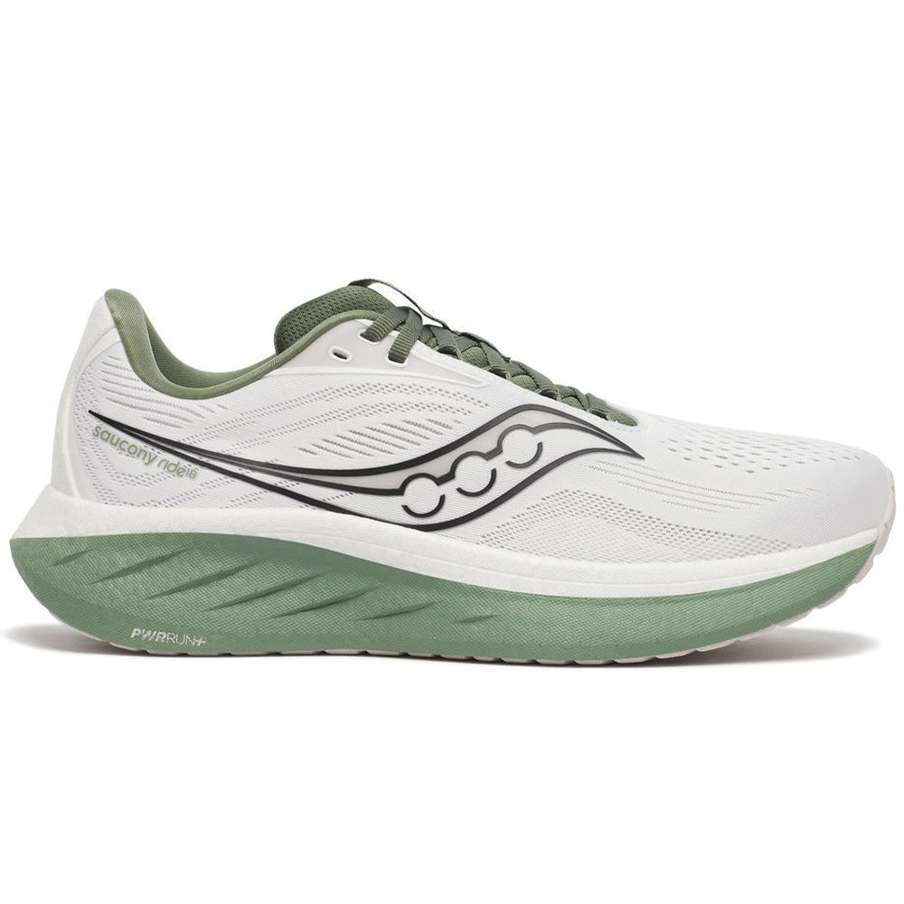 Side view on white background of Mens Saucony Ride running shoe in White/Olivine, Medium (Regular) width