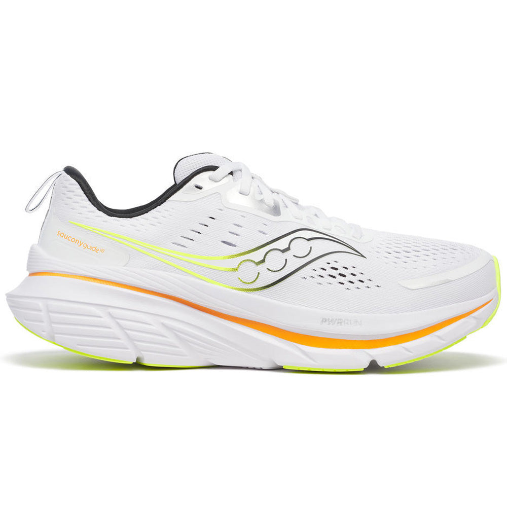 Side view on white background of Mens Saucony Guide running shoe in White/Peel, Medium (Regular) width