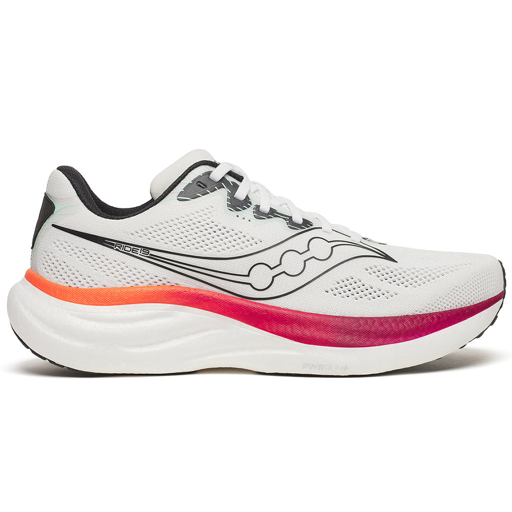 Side view on white background of Mens Saucony Ride running shoe in White/Crimson, Medium (Regular) width