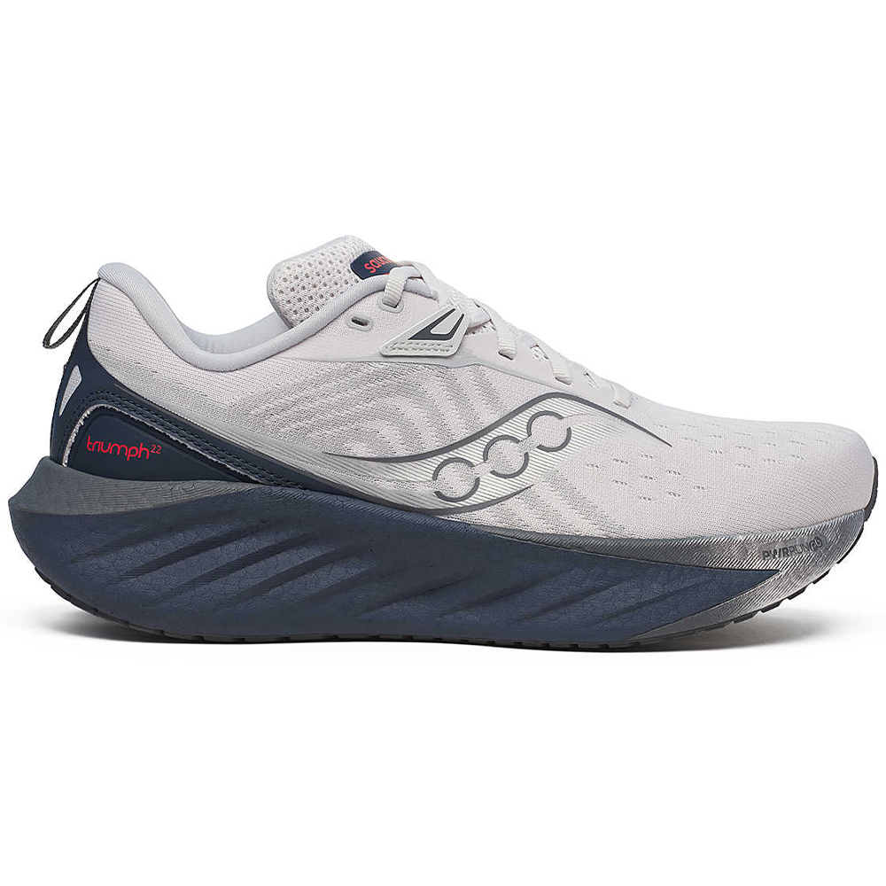 Side view on white background of Mens Saucony Triumph 22 running shoe in Cloud/Navy, Medium (Regular) width