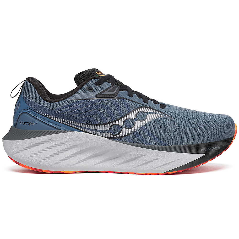 Side view on white background of Mens Saucony Triumph running shoe in Mirage/Black, Medium (Regular) width