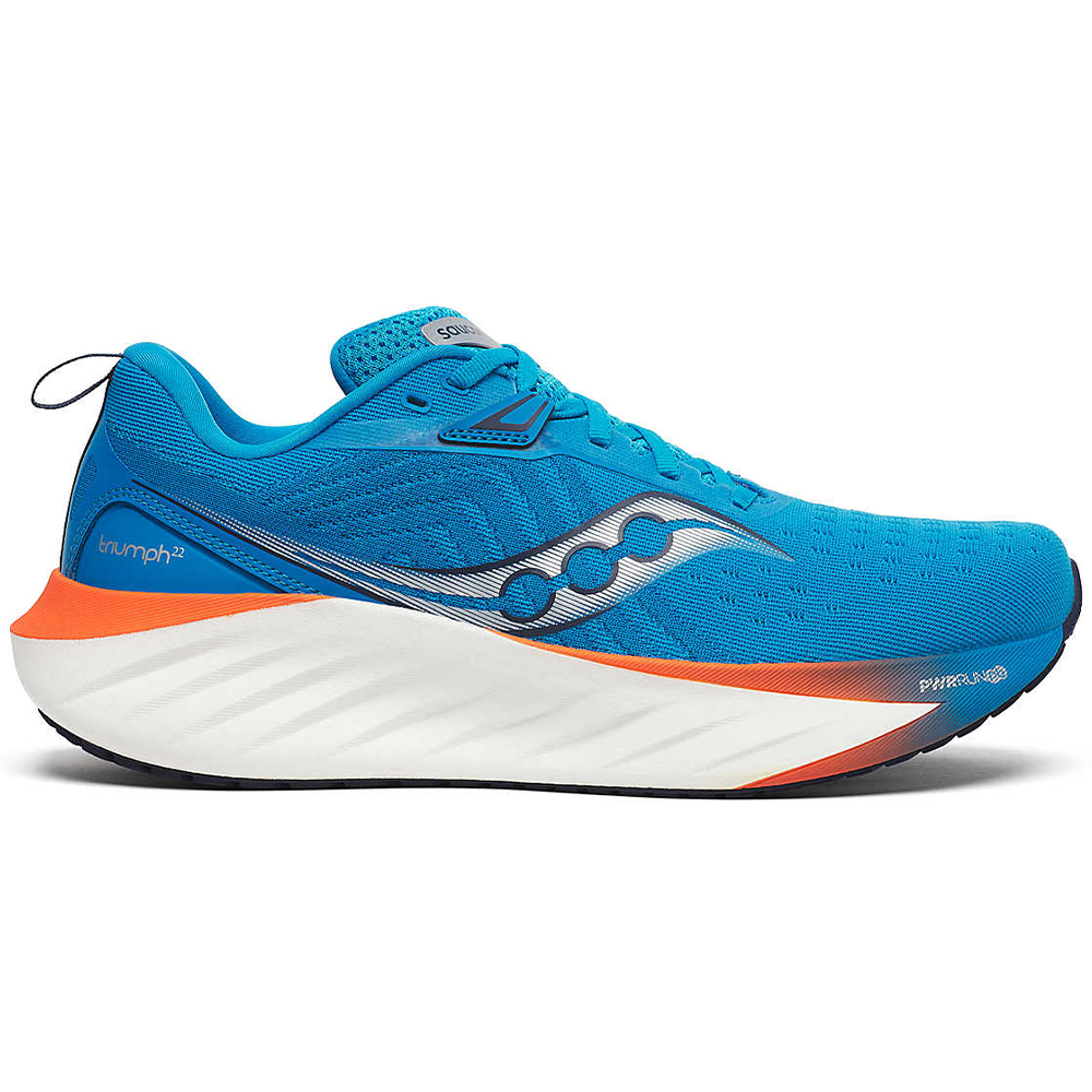 Side view on white background of Mens Saucony Triumph running shoe in Viziblue/Pepper, Medium (Regular) width