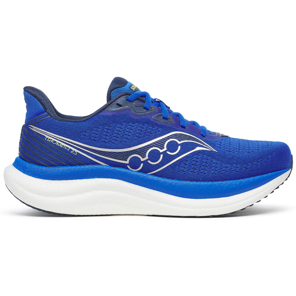 Side view on white background of Mens Saucony Triumph running shoe in Lapis/Silver, Medium (Regular) width