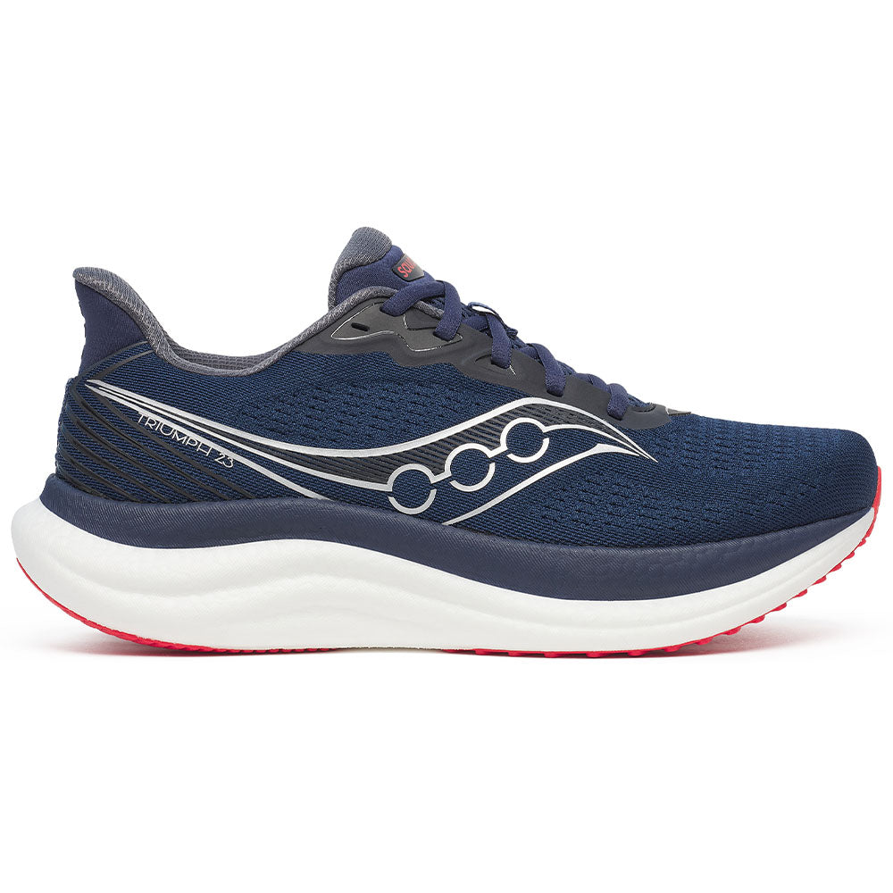 Side view on white background of Mens Saucony Triumph running shoe in Navy/Red, Medium (Regular) width