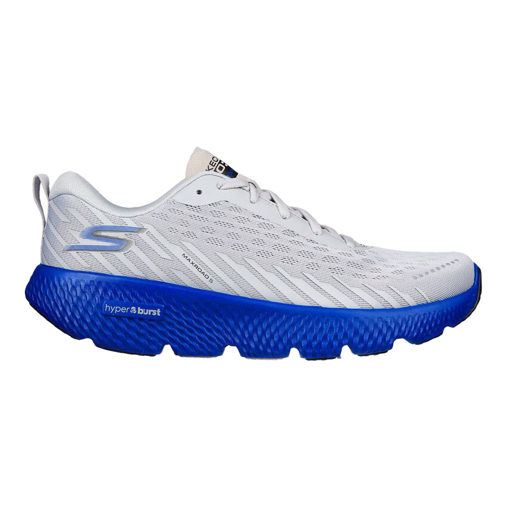 Side view on white background of Mens Skechers Go Run Maxroad running shoe in Gray/Blue, Medium (Regular) width