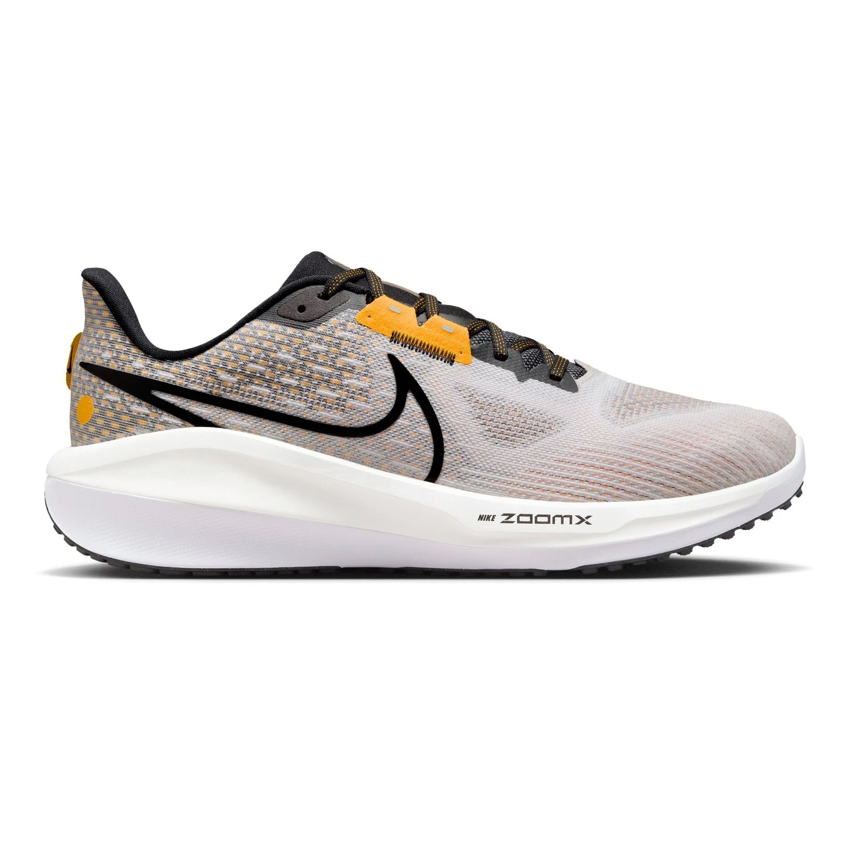Side view on white background of Mens Nike Vomero 17 running shoe in White/Black-Laser Orange, Medium (Regular) width