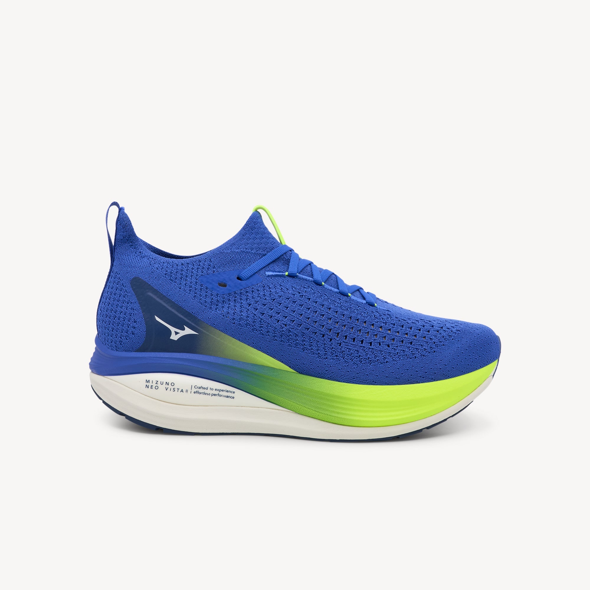 Side view on white background of Mens Mizuno Neo Vista 2 running shoe in Dazzling Blue/White, Medium (Regular) width