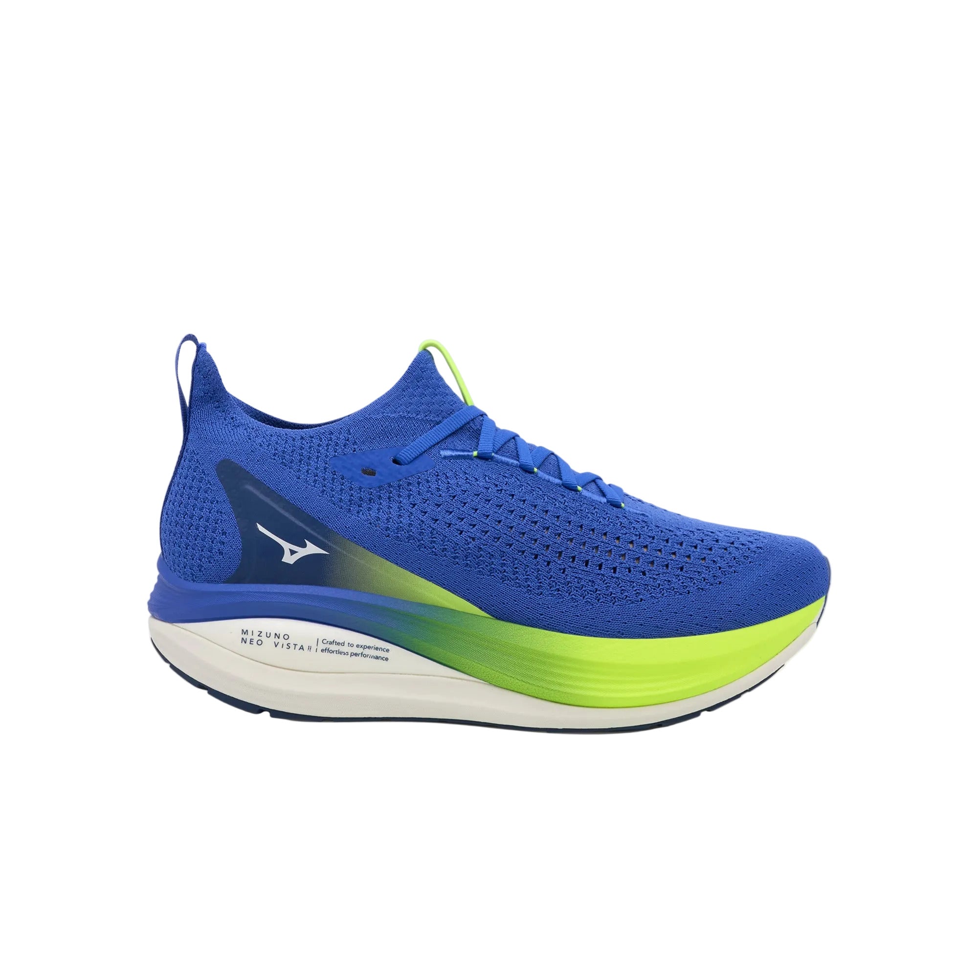 Side view on white background of Mens Mizuno Neo Vista 2 running shoe in Dazzling Blue/White, Medium (Regular) width