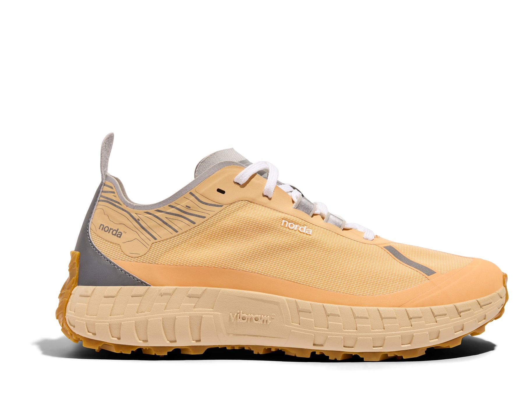 Side view on white background of Womens Norda 001 running shoe in Rhodotus, Medium (Regular) width