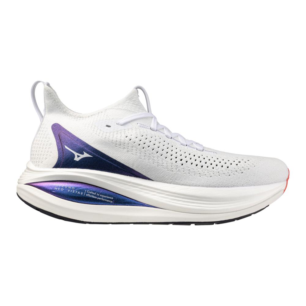 Side view on white background of Mens Mizuno Neo Vista 2 running shoe in White, Medium (Regular) width