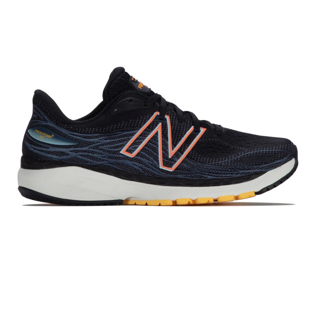 Side view on white background of Mens New Balance Fresh Foam X 860v12 running shoe in Eclipse/Spring Tide/Vibrant Orange/Vibrant Apricot, Medium (Regular) width
