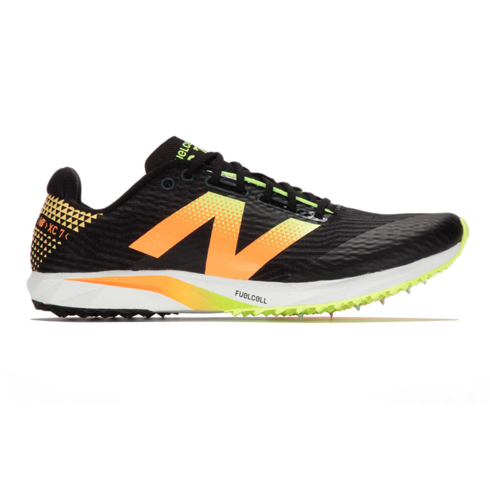 Side view on white background of Mens New Balance FuelCell XC7 v5 running shoe in Black/Bleached Lime Glo/Hot Mango, Medium (Regular) width