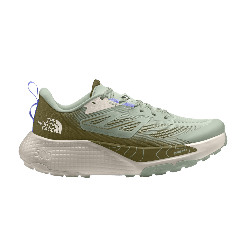 Side view on white background of Womens The North Face Altamesa 500 running shoe in Misty Sage/Forest Olive, Medium (Regular) width