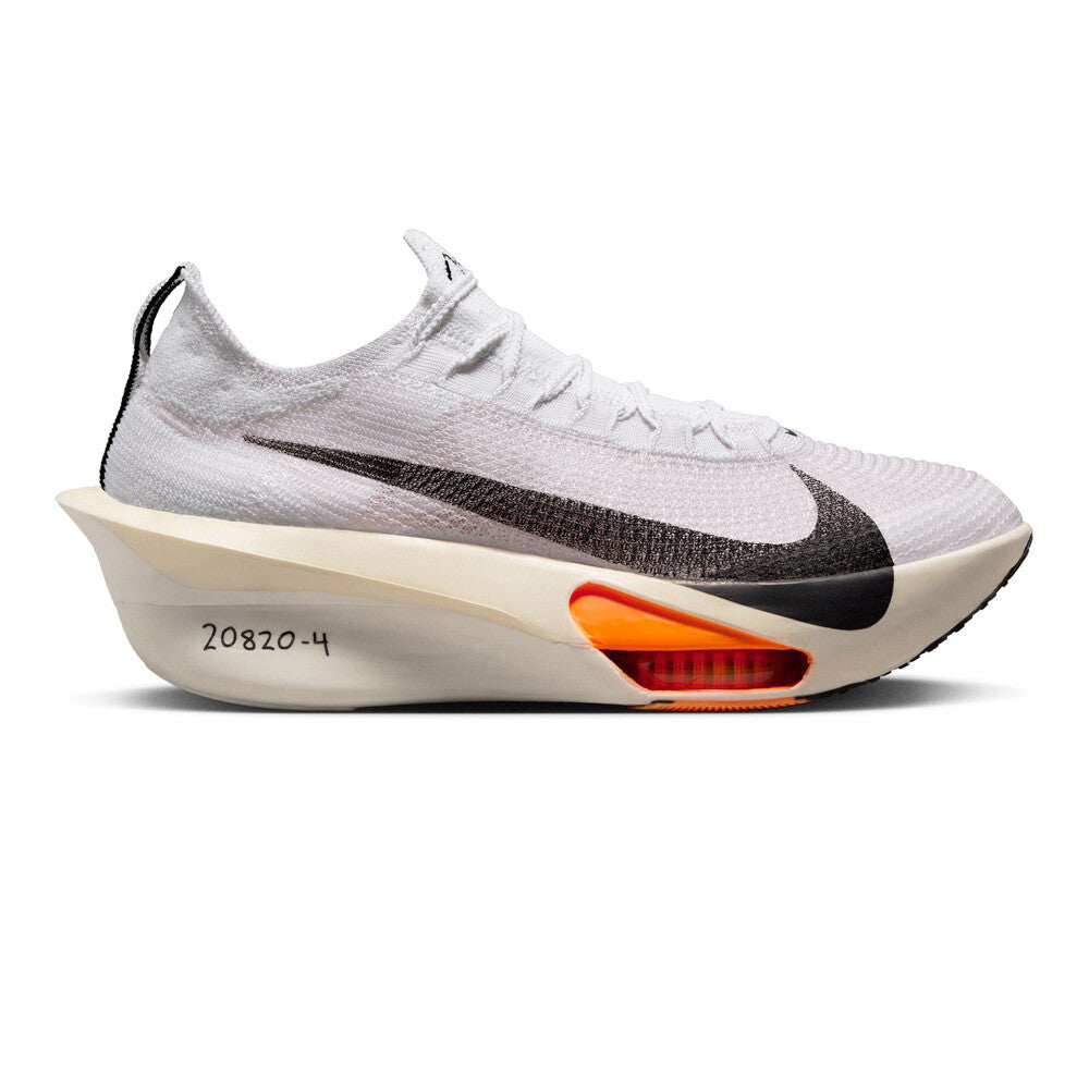 Side view on white background of Womens Nike Air Zoom Alphafly NEXT% 3 Proto running shoe in White/Black-Phantom, Medium (Regular) width