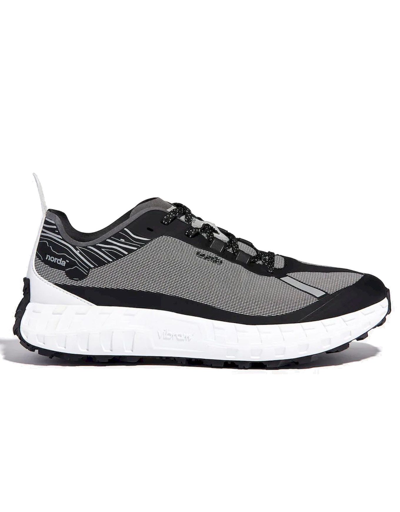Side view on white background of Womens Norda 001 running shoe in Black, Medium (Regular) width